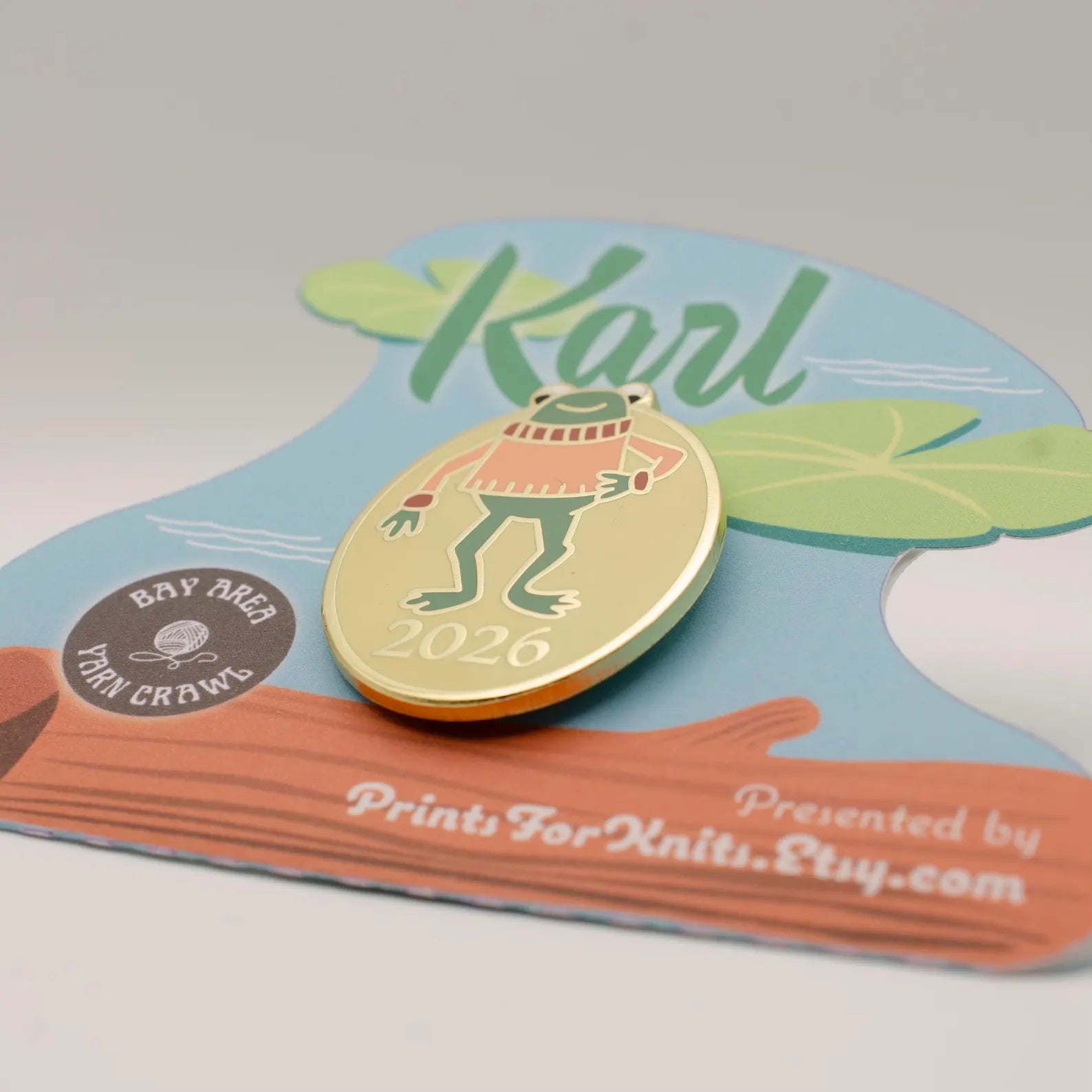 Karl the Frog Enamel Pin for the Bay Area Yarn Crawl 2026