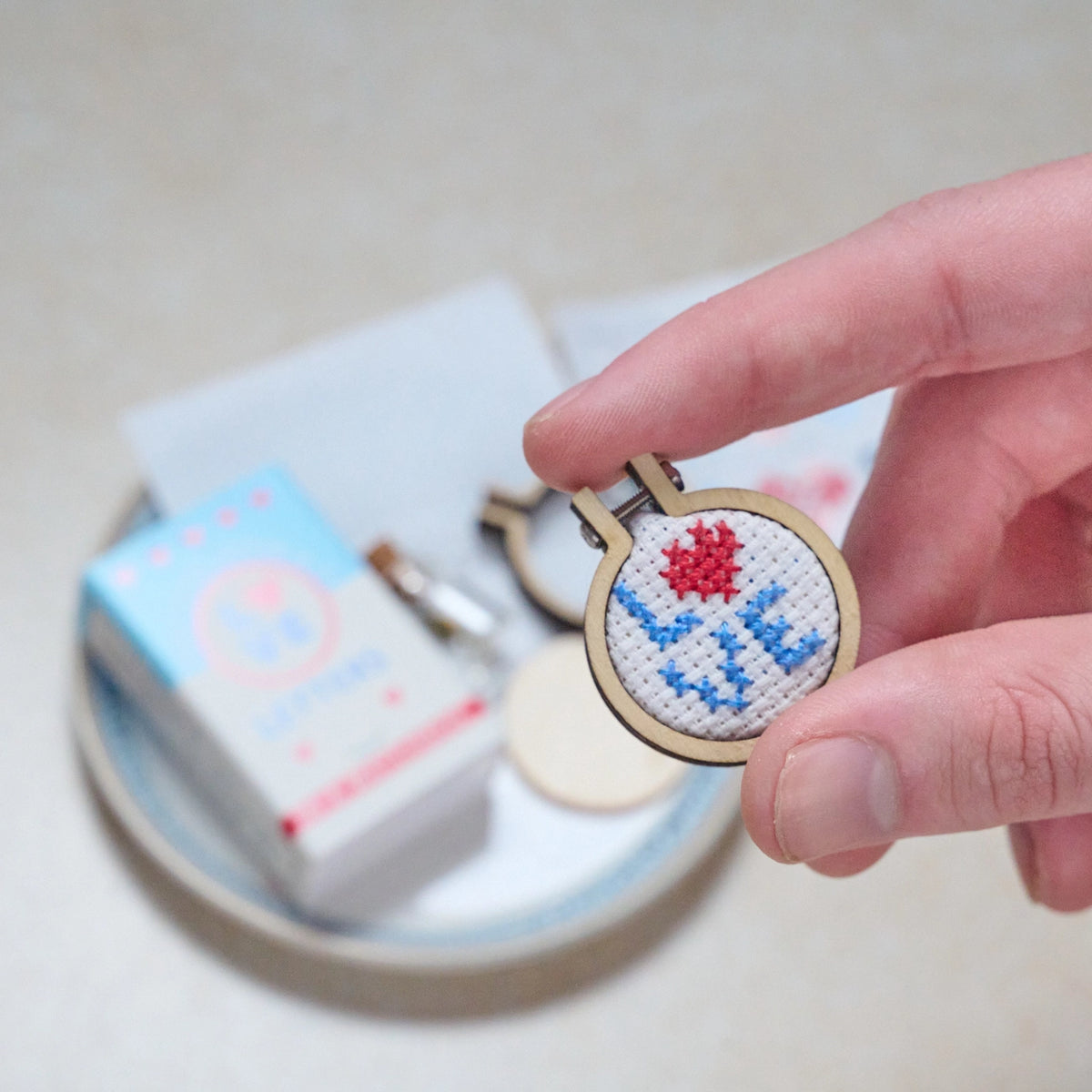 Cross Stitch in a Matchbox (with Hoop) — ImagiKnit